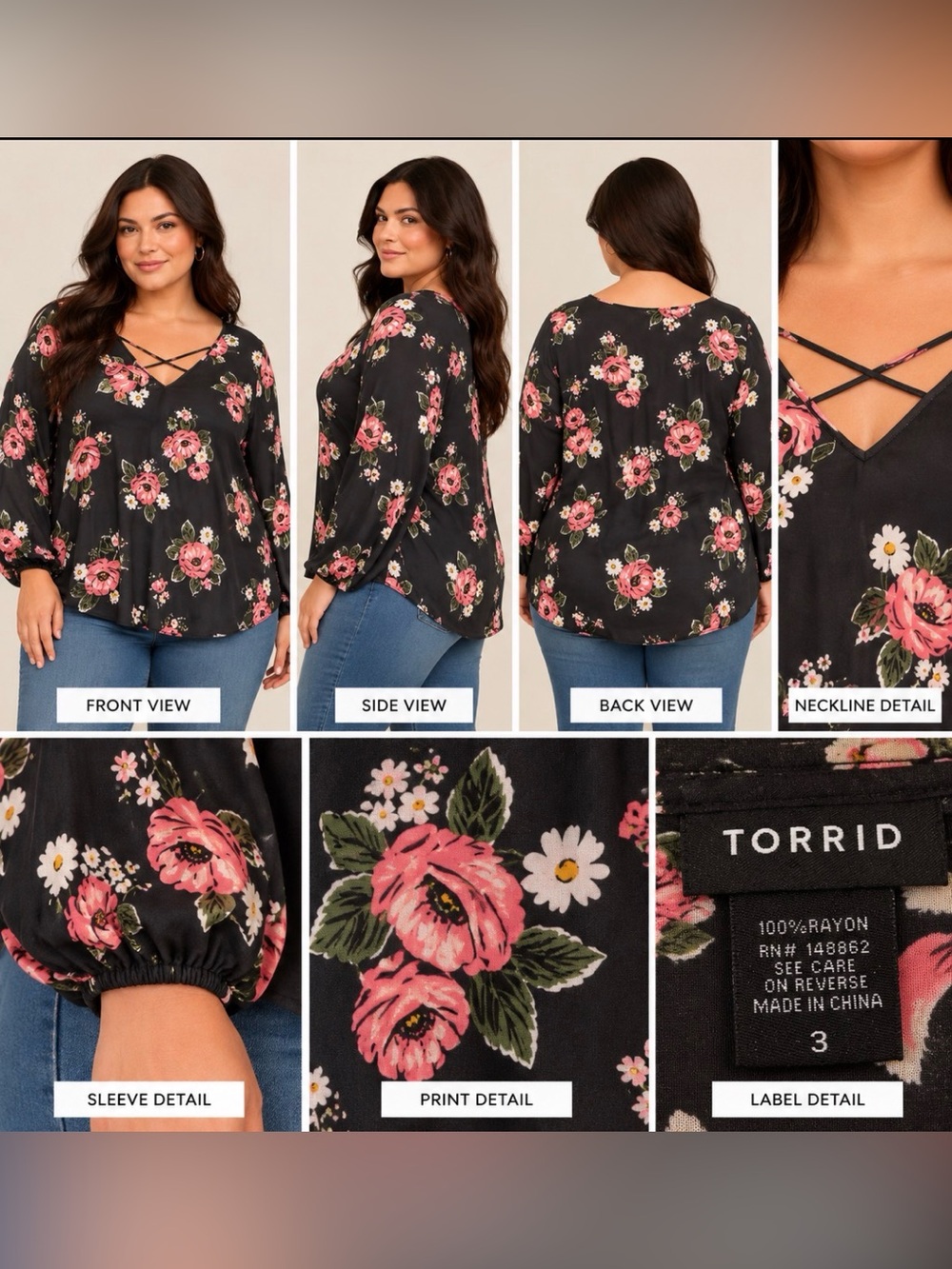 torrid Black Floral Crisscross V-Neck Blouse with Pink Roses